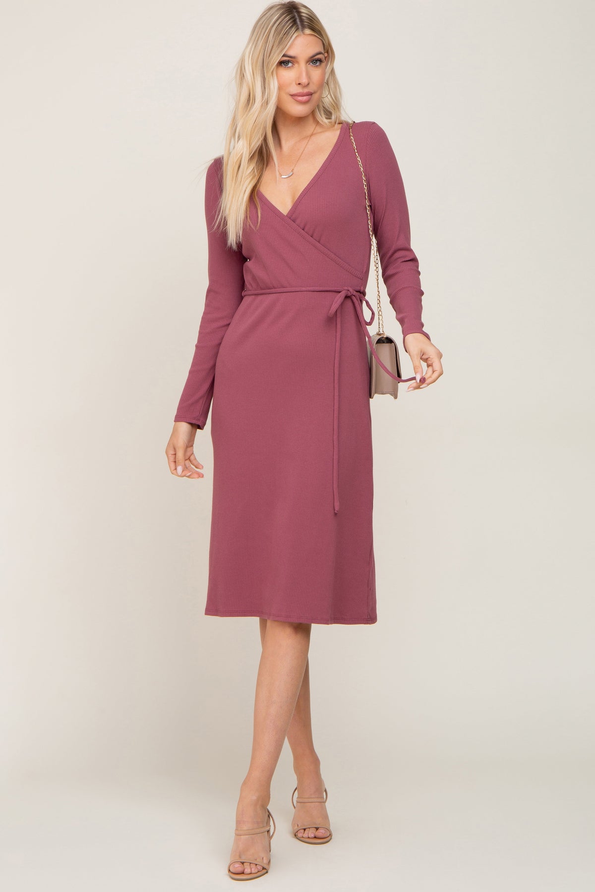 PinkBlush Mauve Rib Knit Long Sleeve Maternity Wrap Midi Dress - 