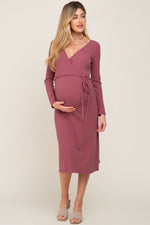 PinkBlush Mauve Rib Knit Long Sleeve Maternity Wrap Midi Dress - 