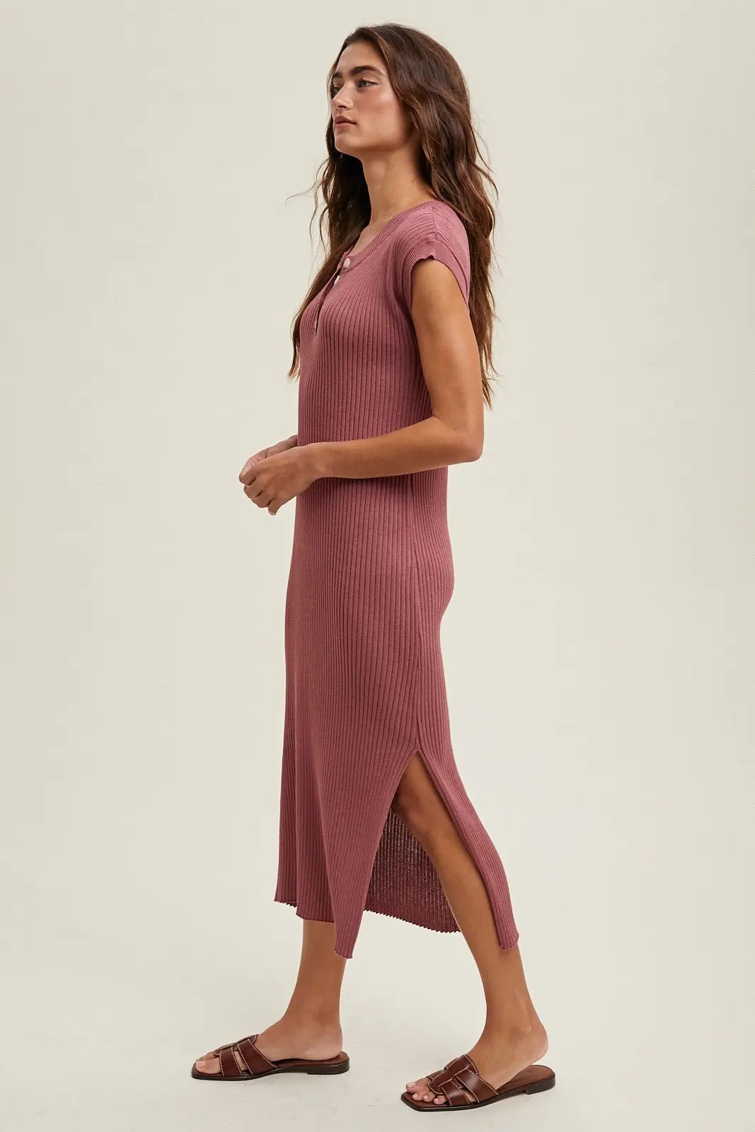 PinkBlush Mauve Ribbed Knit Button Up Sleeveless Midi Dress - 