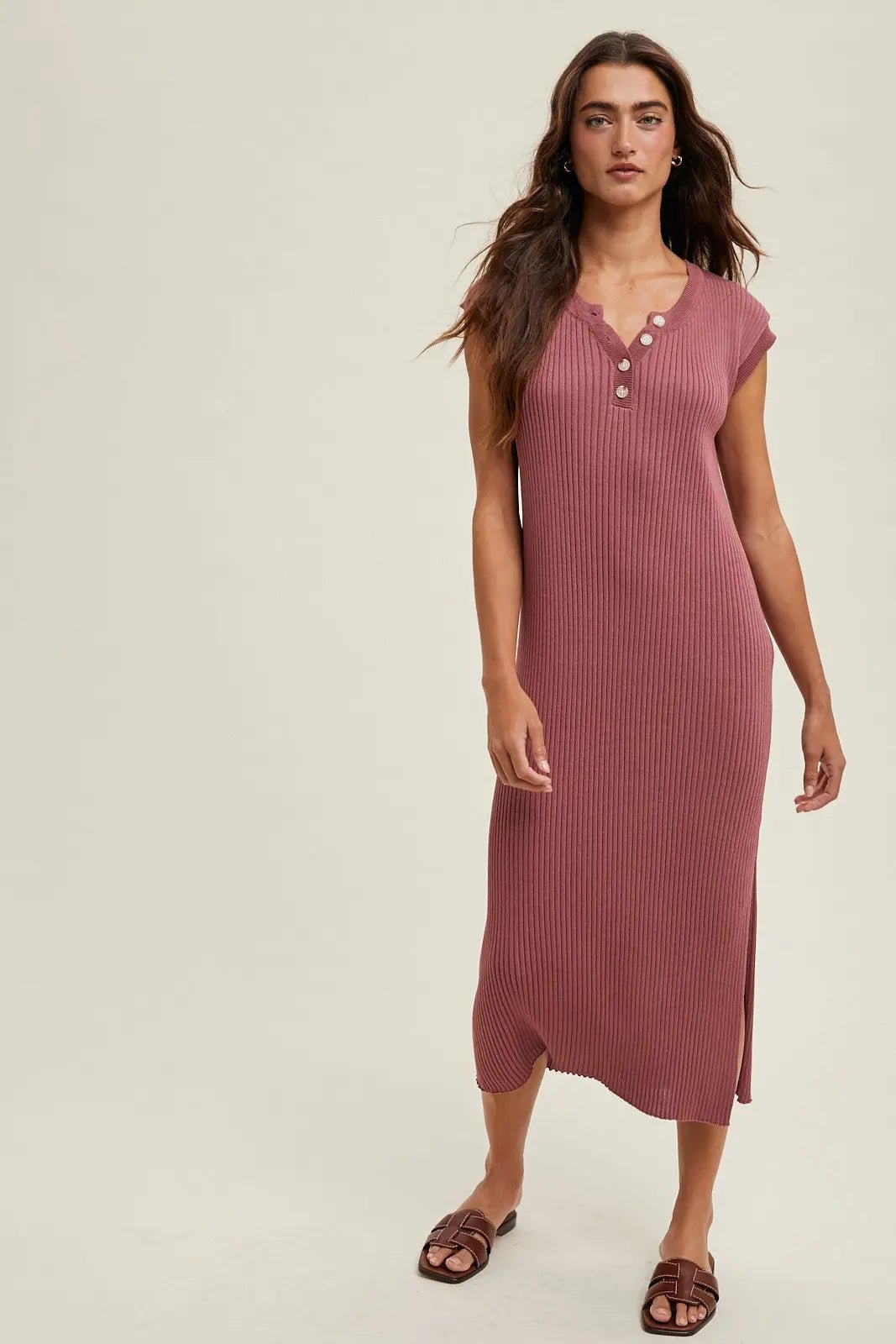 PinkBlush Mauve Ribbed Knit Button Up Sleeveless Midi Dress - 