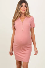 PinkBlush Mauve Ribbed Short Sleeve Henley Maternity Dress - 