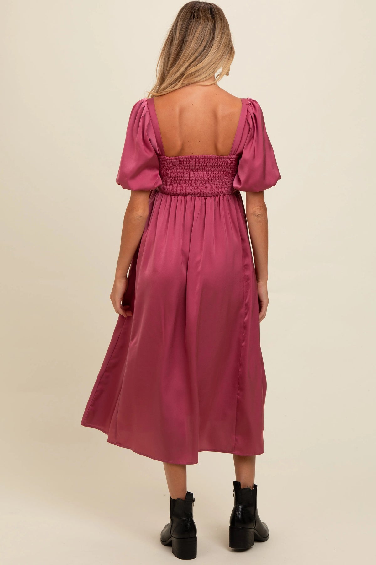 PinkBlush Mauve Satin Pleated Bodice Puff Sleeve Maternity Midi Dress - 