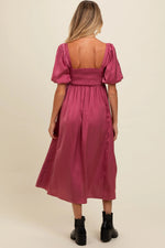 PinkBlush Mauve Satin Pleated Bodice Puff Sleeve Maternity Midi Dress - 