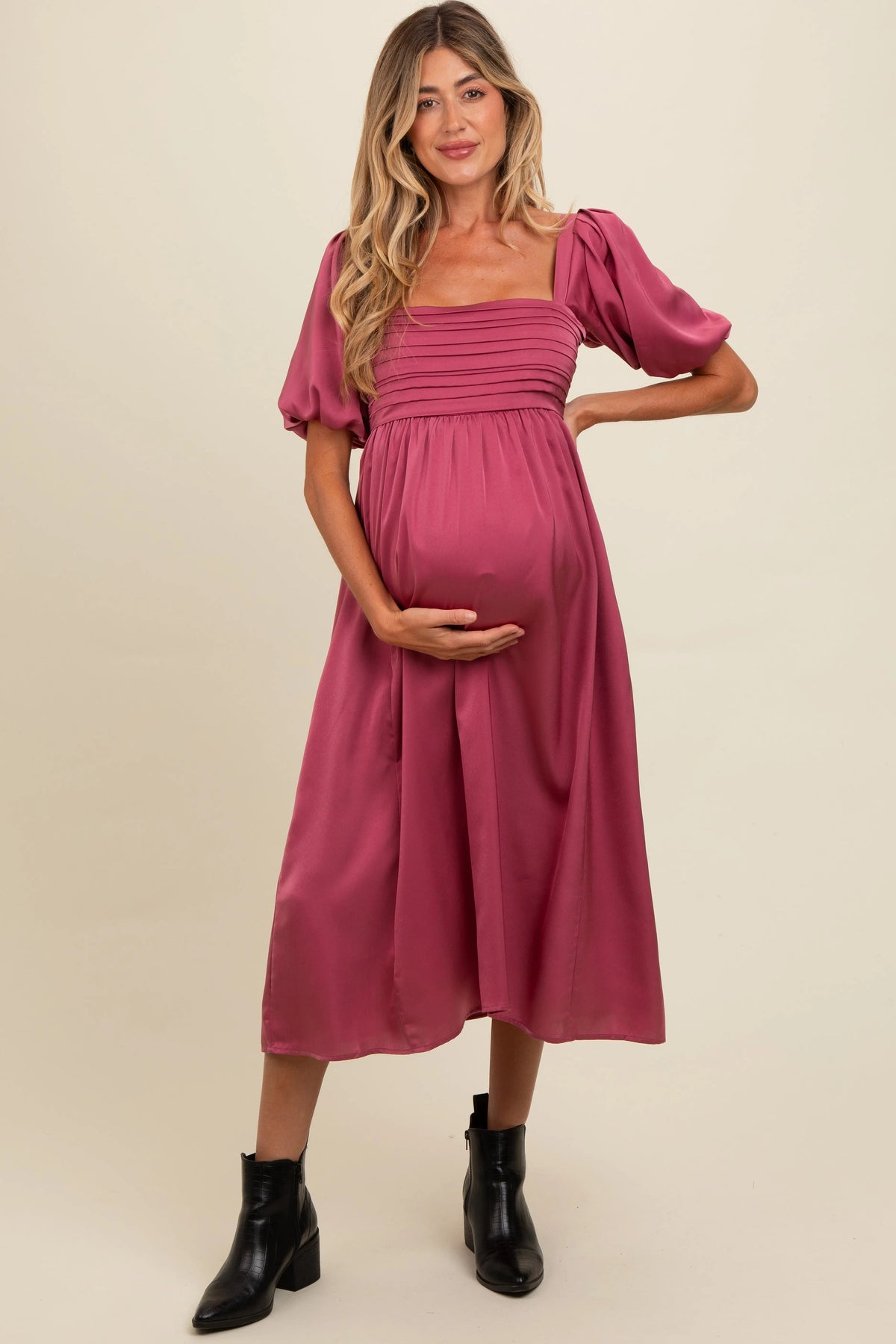 PinkBlush Mauve Satin Pleated Bodice Puff Sleeve Maternity Midi Dress - 