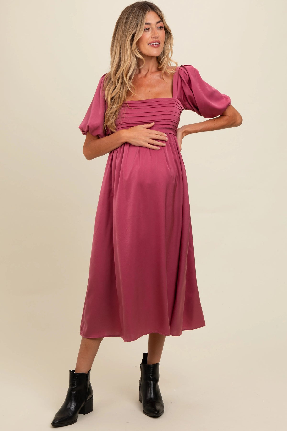 PinkBlush Mauve Satin Pleated Bodice Puff Sleeve Maternity Midi Dress - 