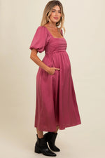 PinkBlush Mauve Satin Pleated Bodice Puff Sleeve Maternity Midi Dress - 