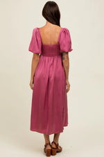 PinkBlush Mauve Satin Pleated Bodice Puff Sleeve Midi Dress - 