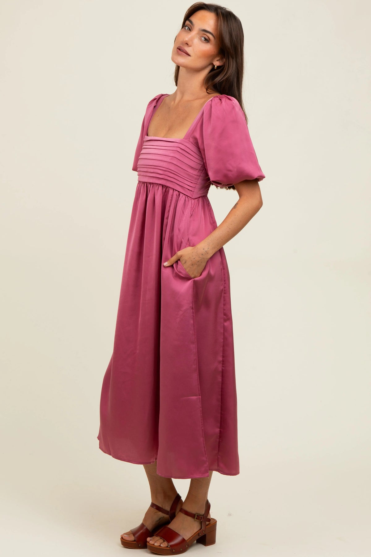 PinkBlush Mauve Satin Pleated Bodice Puff Sleeve Midi Dress - 