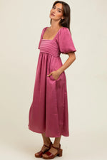 PinkBlush Mauve Satin Pleated Bodice Puff Sleeve Midi Dress - 