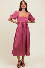 PinkBlush Mauve Satin Pleated Bodice Puff Sleeve Midi Dress - 