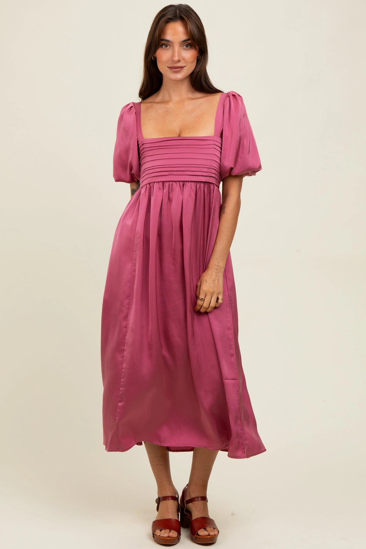 PinkBlush Mauve Satin Pleated Bodice Puff Sleeve Midi Dress - 