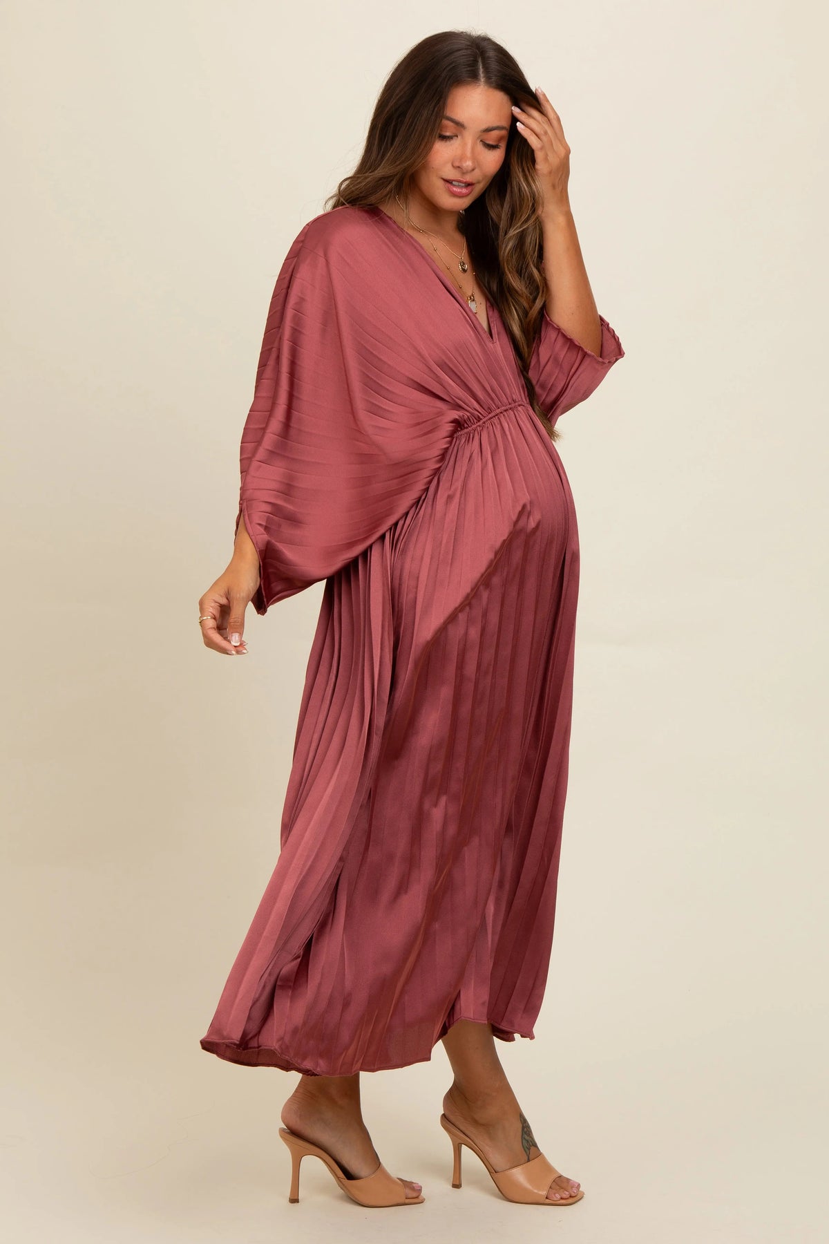 PinkBlush Mauve Satin Pleated V - Neck Maternity Maxi Dress - 