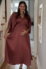 PinkBlush Mauve Satin Pleated V - Neck Maternity Maxi Dress - 