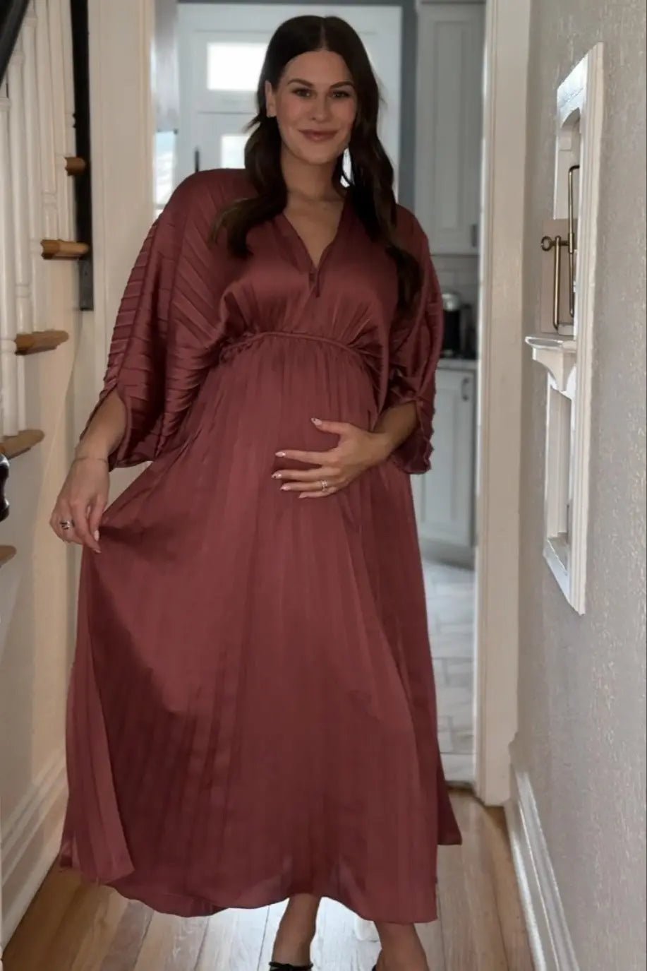 PinkBlush Mauve Satin Pleated V - Neck Maternity Maxi Dress - 