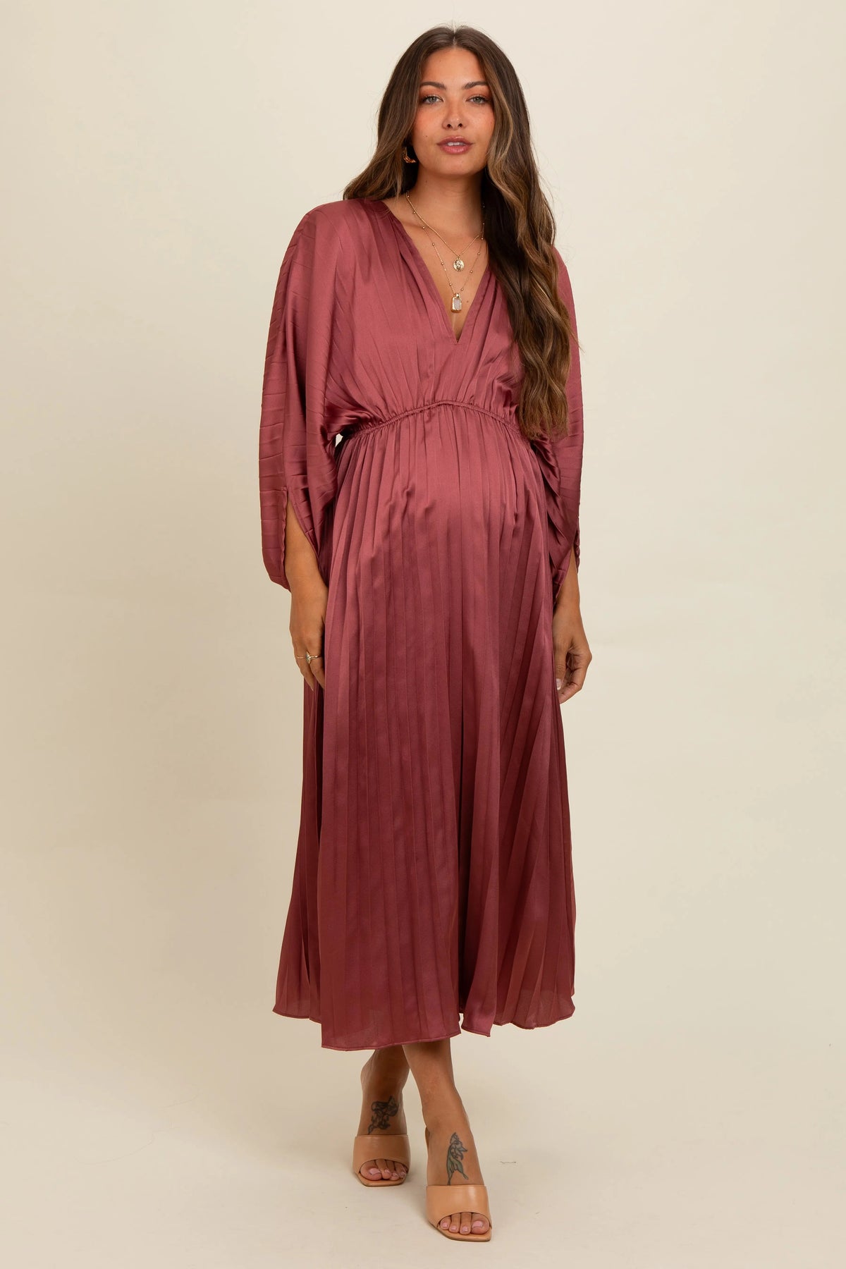 PinkBlush Mauve Satin Pleated V - Neck Maternity Maxi Dress - 