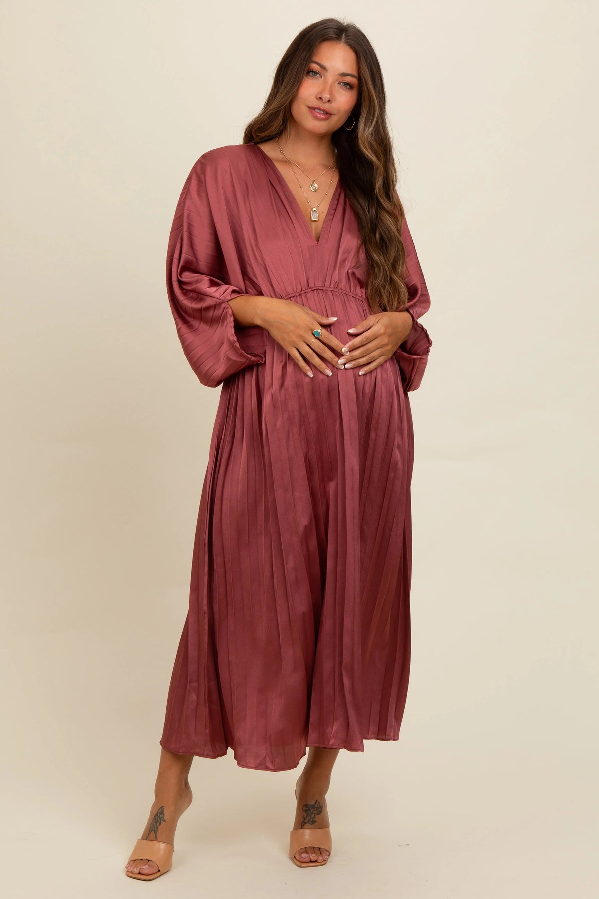 PinkBlush Mauve Satin Pleated V - Neck Maternity Maxi Dress - 