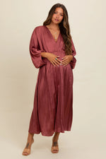 PinkBlush Mauve Satin Pleated V - Neck Maternity Maxi Dress - 