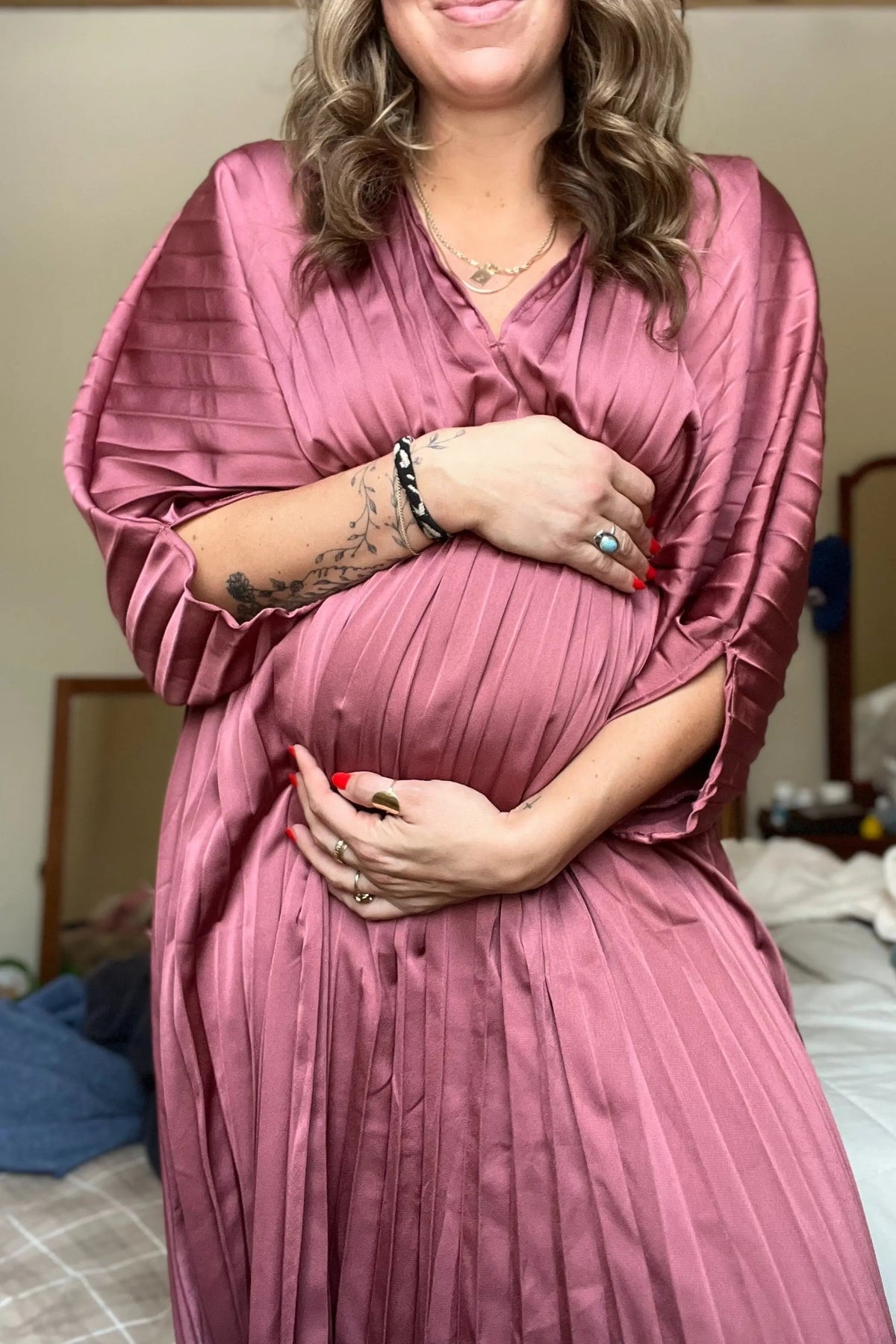 PinkBlush Mauve Satin Pleated V - Neck Maternity Maxi Dress - 