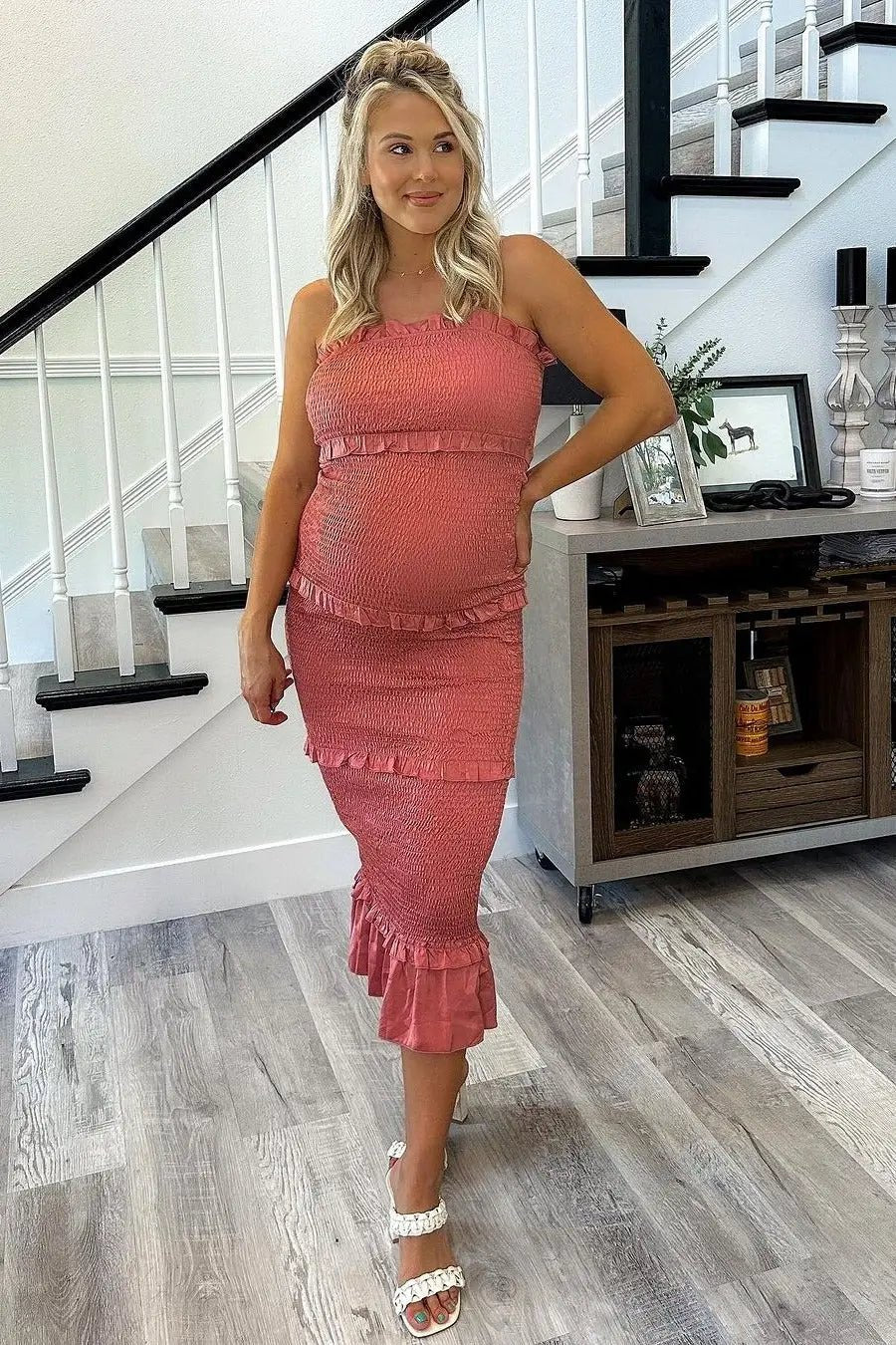 PinkBlush Mauve Satin Smocked Fitted Maternity Midi Dress - 