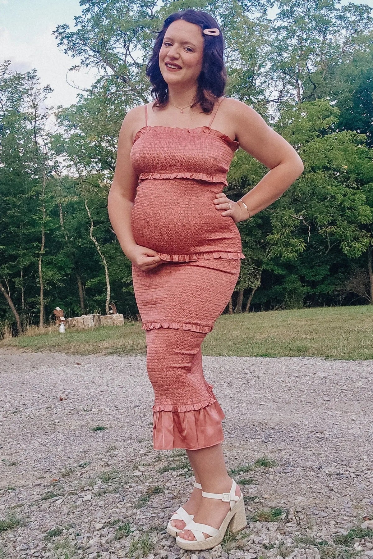 PinkBlush Mauve Satin Smocked Fitted Maternity Midi Dress - 