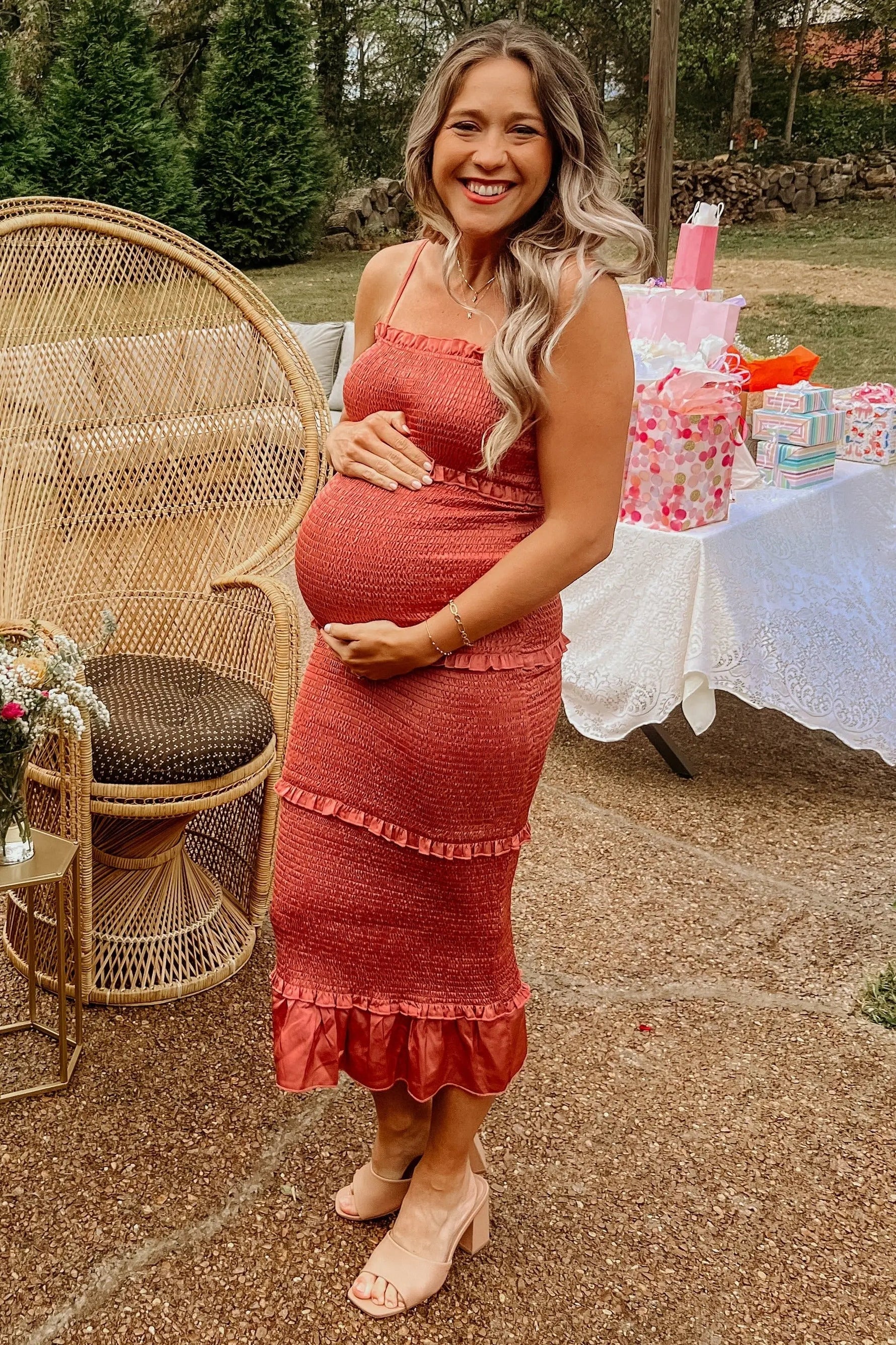 PinkBlush Mauve Satin Smocked Fitted Maternity Midi Dress - 
