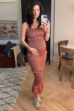 PinkBlush Mauve Satin Smocked Fitted Maternity Midi Dress - 
