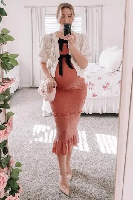 PinkBlush Mauve Satin Smocked Fitted Maternity Midi Dress - 