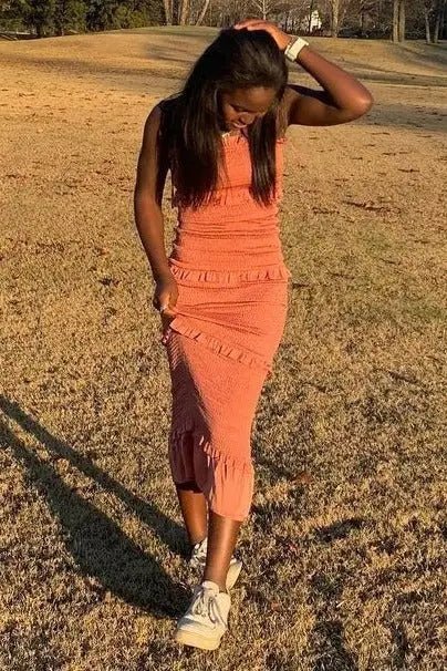 PinkBlush Mauve Satin Smocked Fitted Midi Dress - 