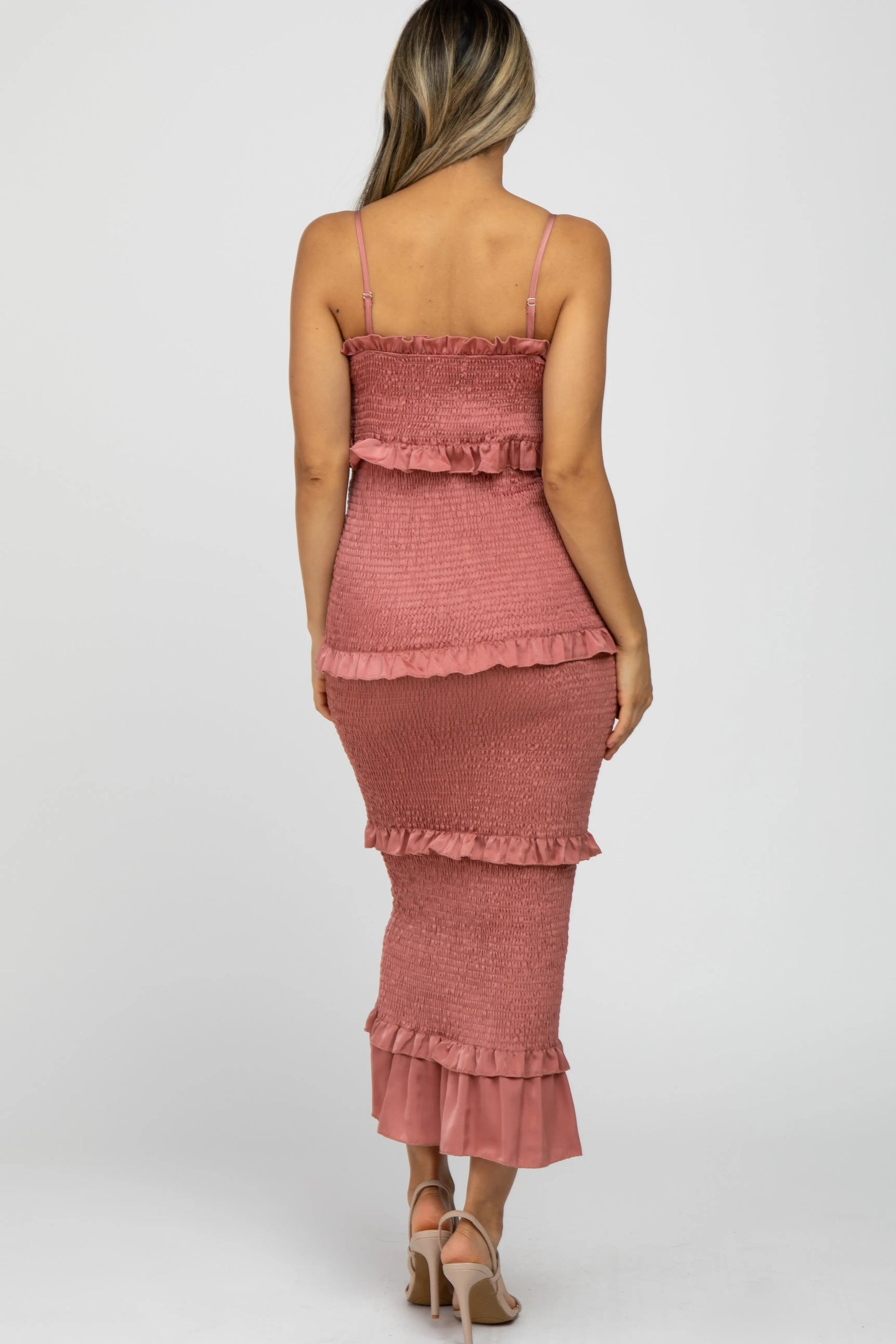 PinkBlush Mauve Satin Smocked Fitted Midi Dress - 