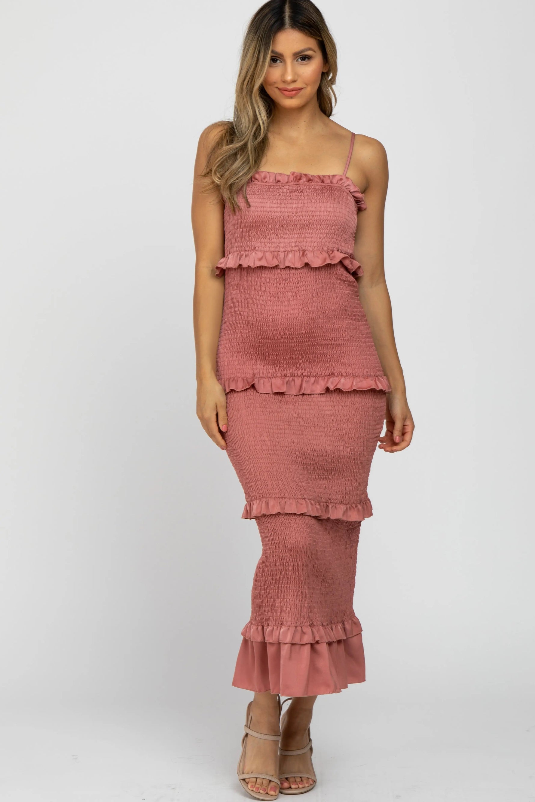 Mauve Satin Smocked Fitted Midi Dress - Ruffle, Pink, Day Dress, Strapless dress, One-piece garment | Everetts Place