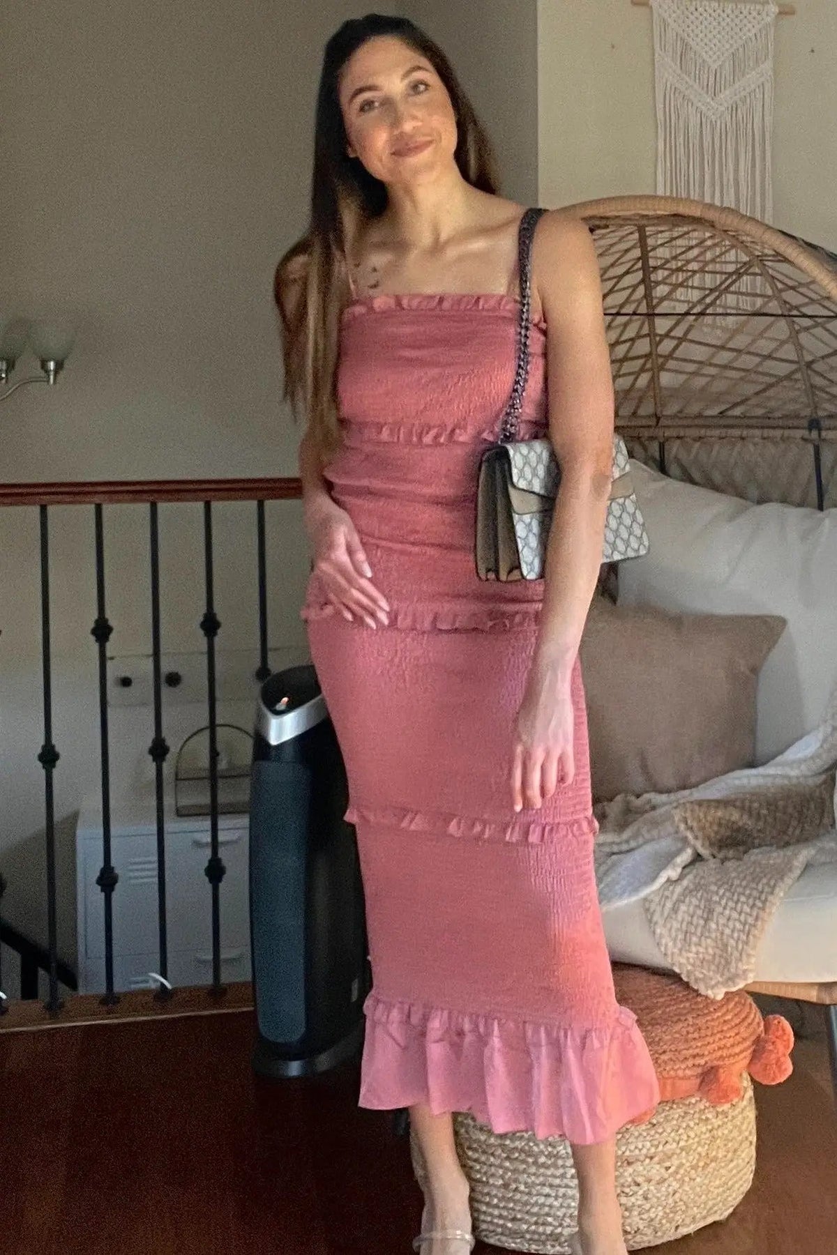 PinkBlush Mauve Satin Smocked Fitted Midi Dress - 