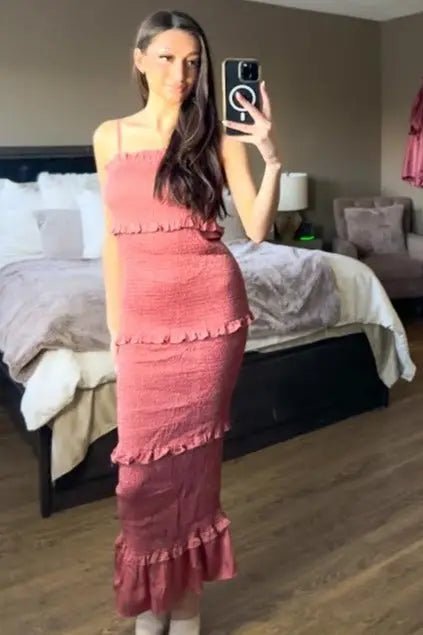 PinkBlush Mauve Satin Smocked Fitted Midi Dress - 