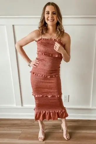 PinkBlush Mauve Satin Smocked Fitted Midi Dress - 