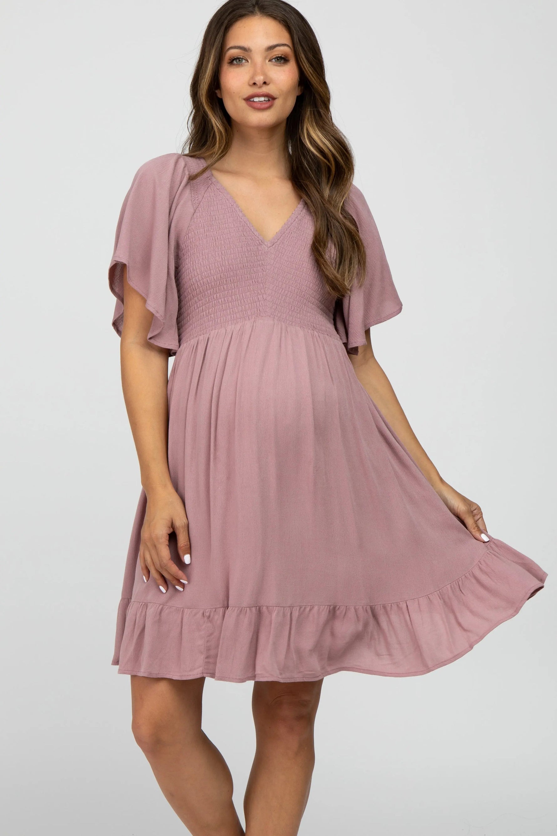 PinkBlush Mauve Smocked Front Ruffle Hem Maternity Dress - 