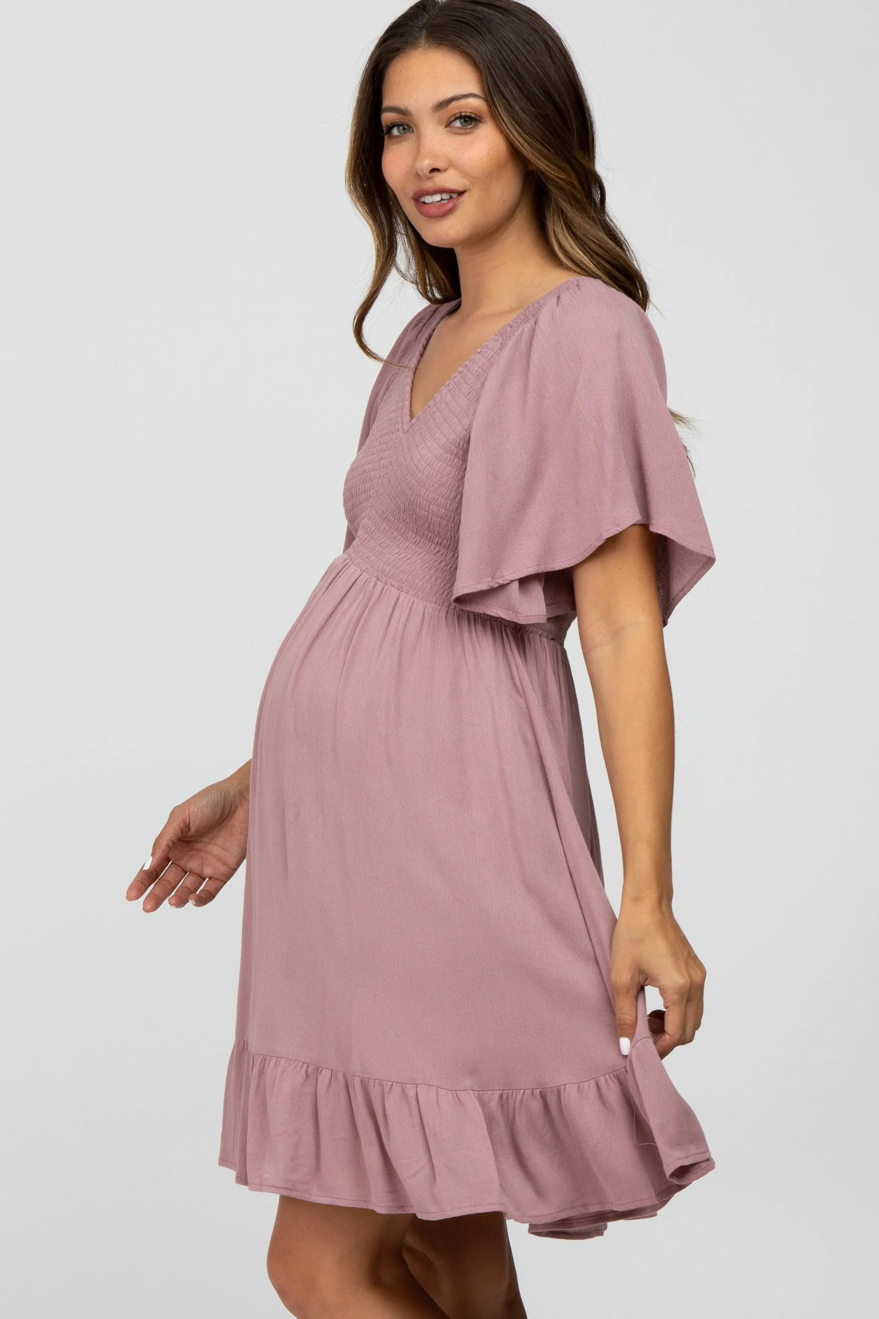 PinkBlush Mauve Smocked Front Ruffle Hem Maternity Dress - 