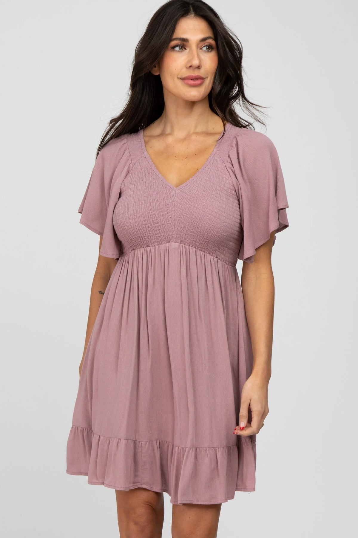 PinkBlush Mauve Smocked Front Ruffle Hem Maternity Dress - 