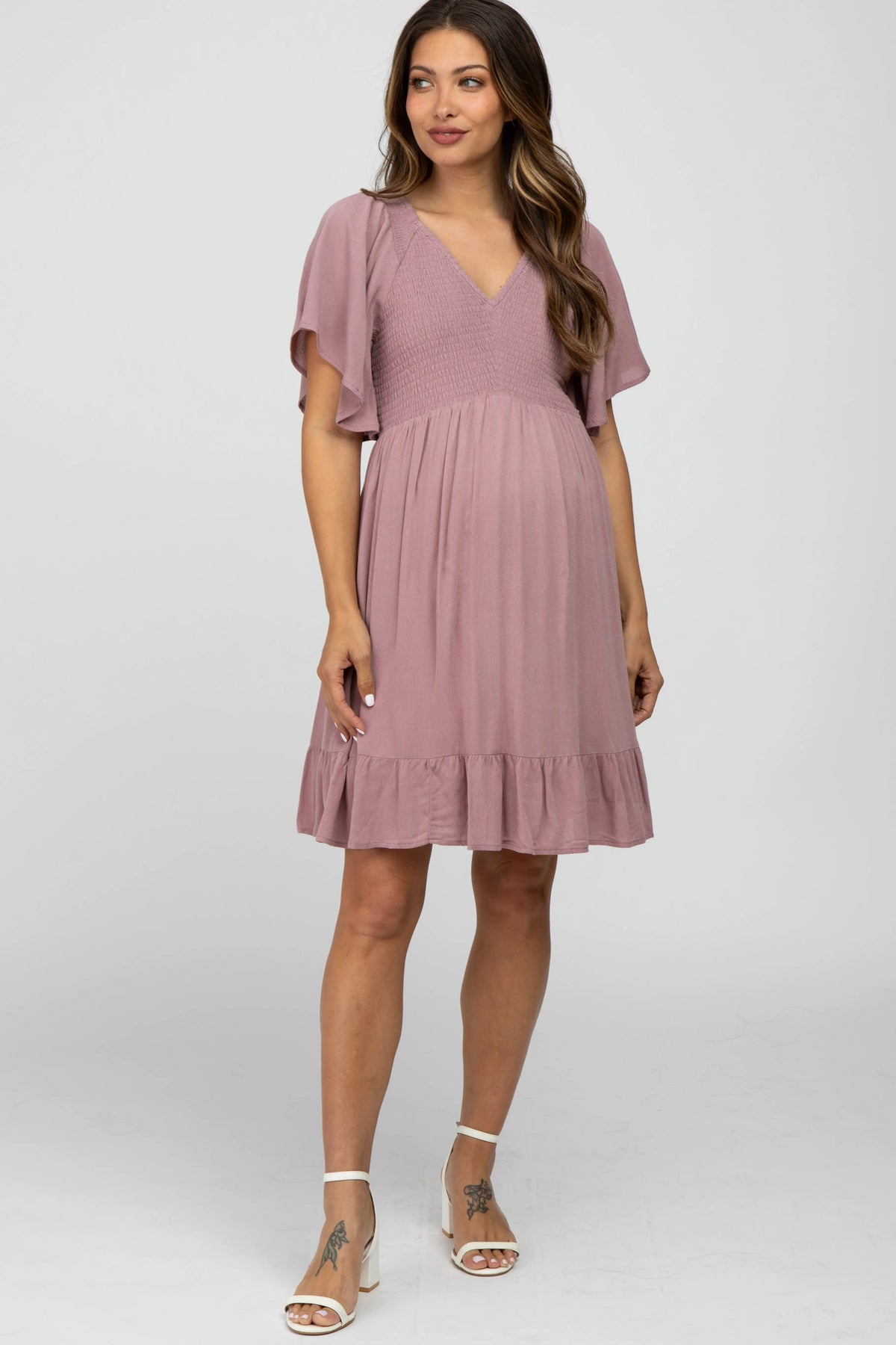PinkBlush Mauve Smocked Front Ruffle Hem Maternity Dress - 