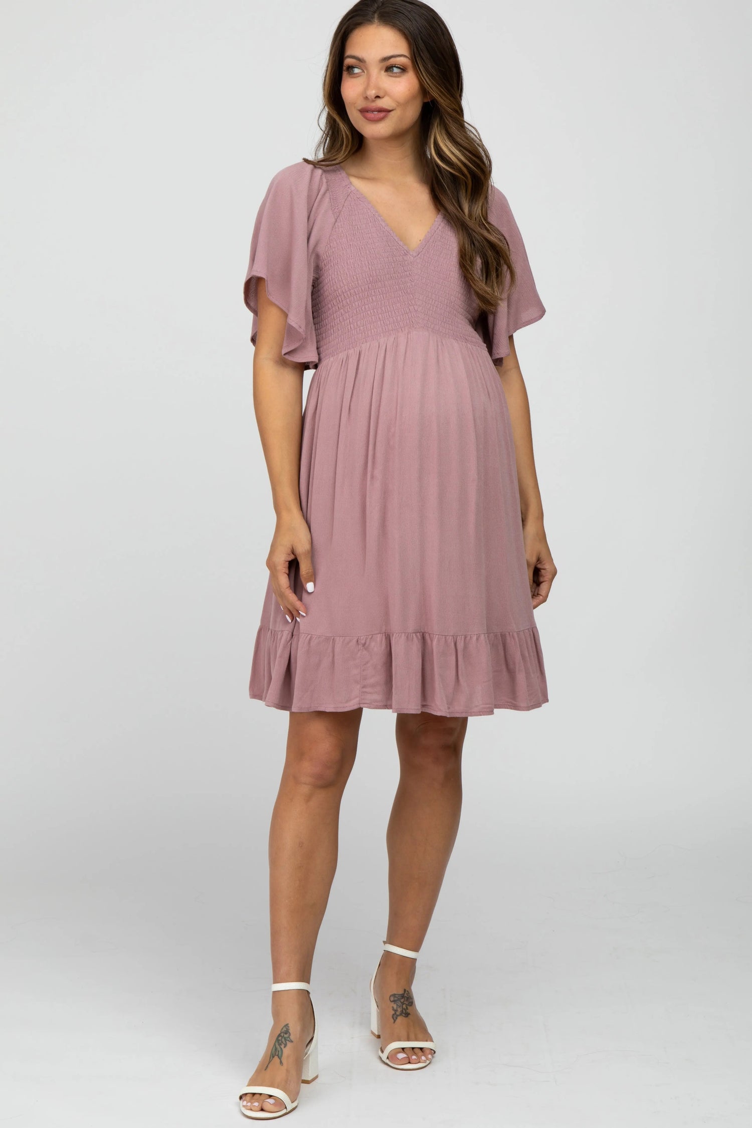 PinkBlush Mauve Smocked Front Ruffle Hem Maternity Dress - 