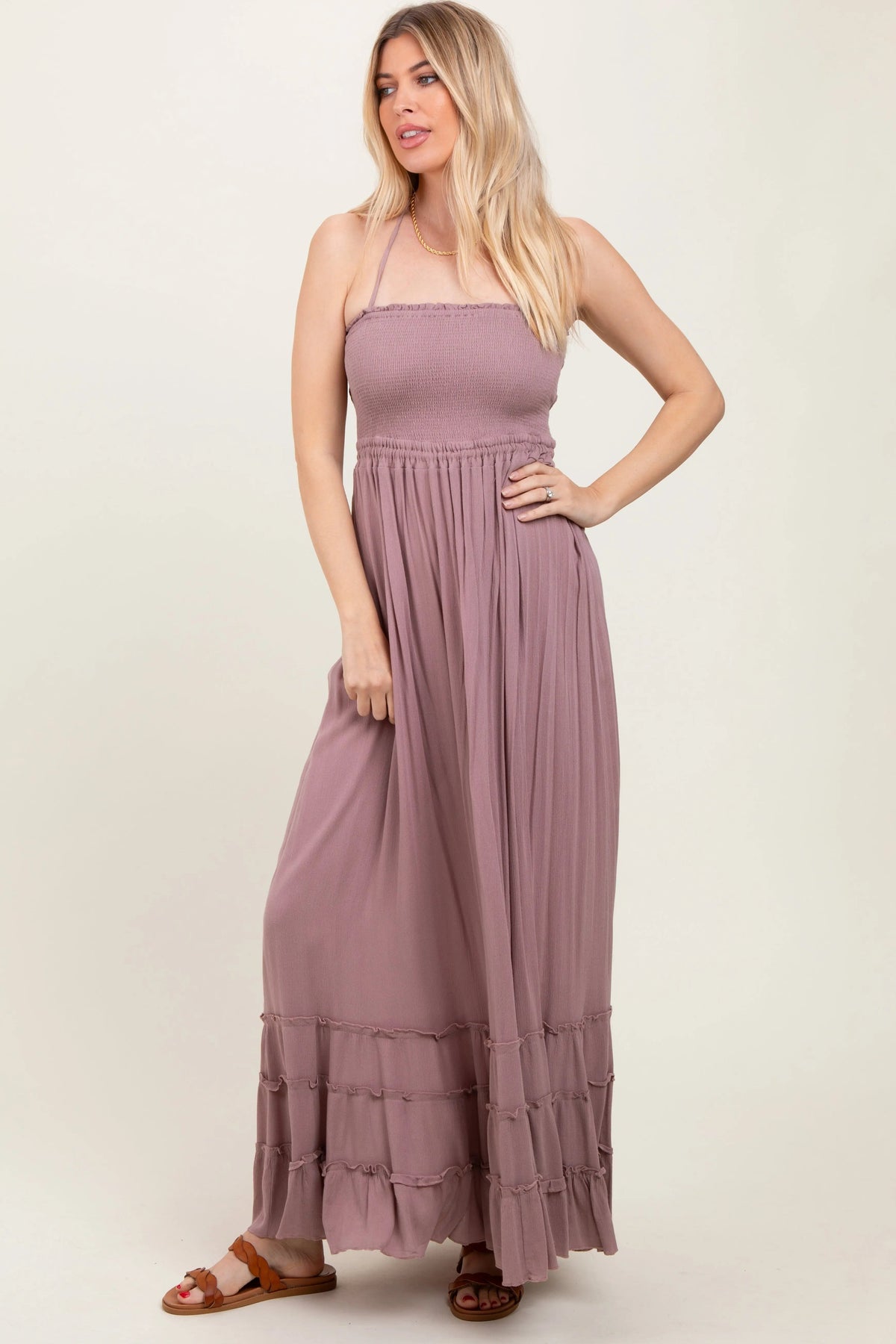 PinkBlush Mauve Smocked Woven Maternity Maxi Dress - 