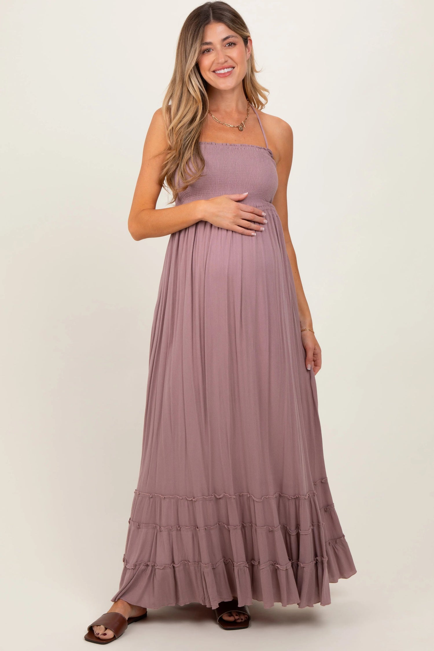 PinkBlush Mauve Smocked Woven Maternity Maxi Dress - 