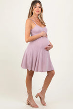 PinkBlush Mauve Solid Ribbed Knitted Adjustable Strap Sleeveless Maternity Mini Dress - 