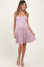PinkBlush Mauve Solid Ribbed Knitted Adjustable Strap Sleeveless Maternity Mini Dress - 