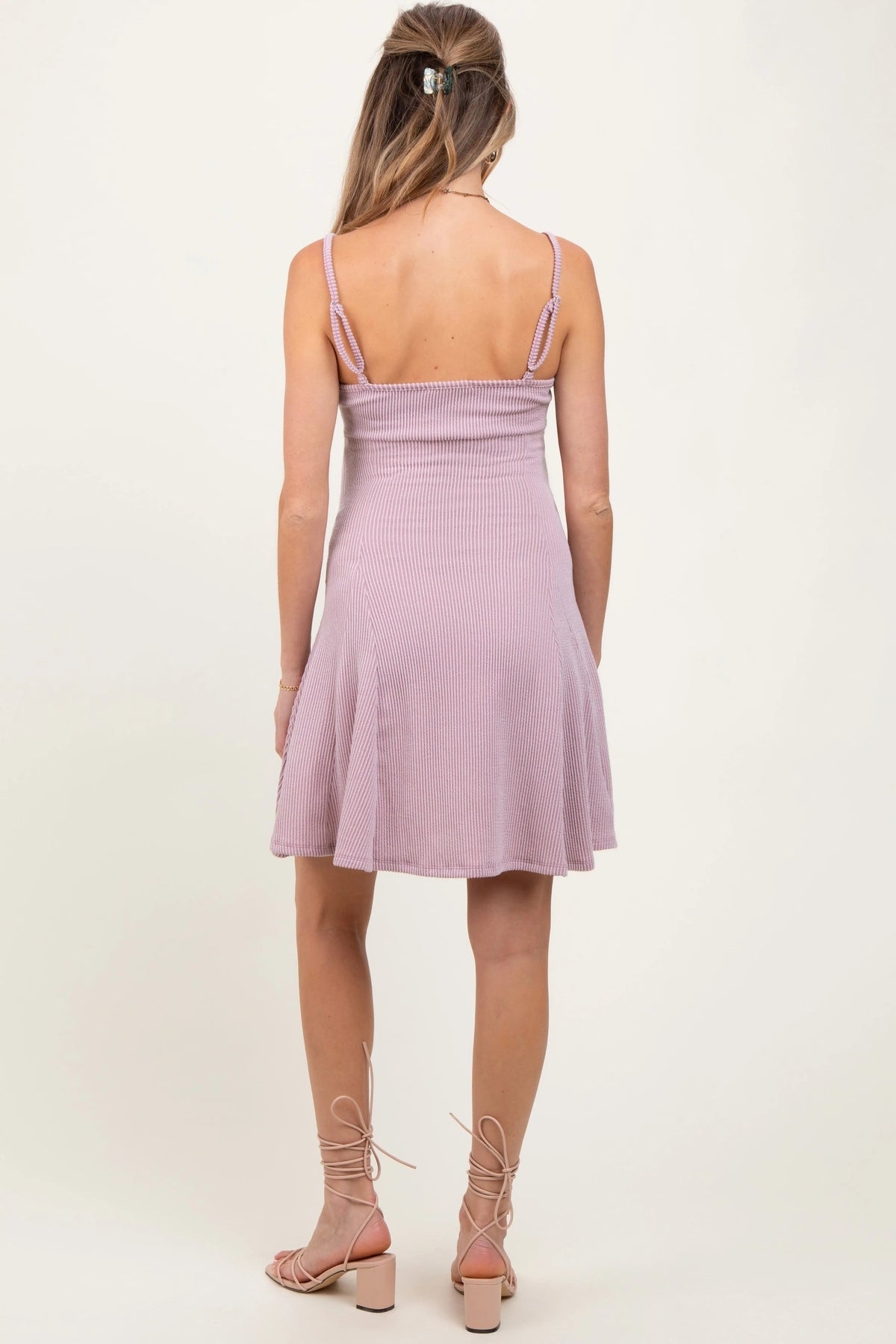 PinkBlush Mauve Solid Ribbed Knitted Adjustable Strap Sleeveless Maternity Mini Dress - 