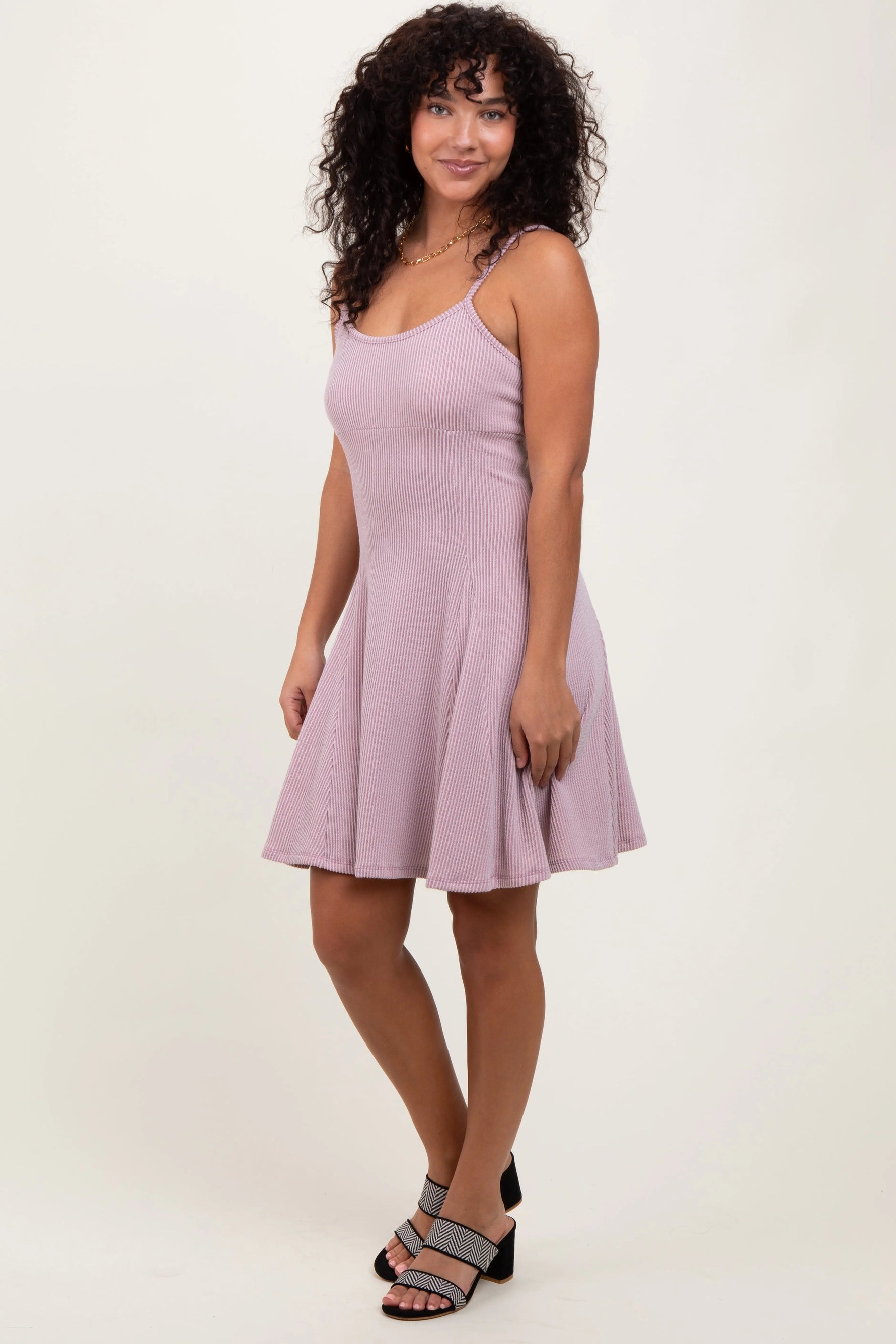 PinkBlush Mauve Solid Ribbed Knitted Adjustable Strap Sleeveless Mini Dress - 