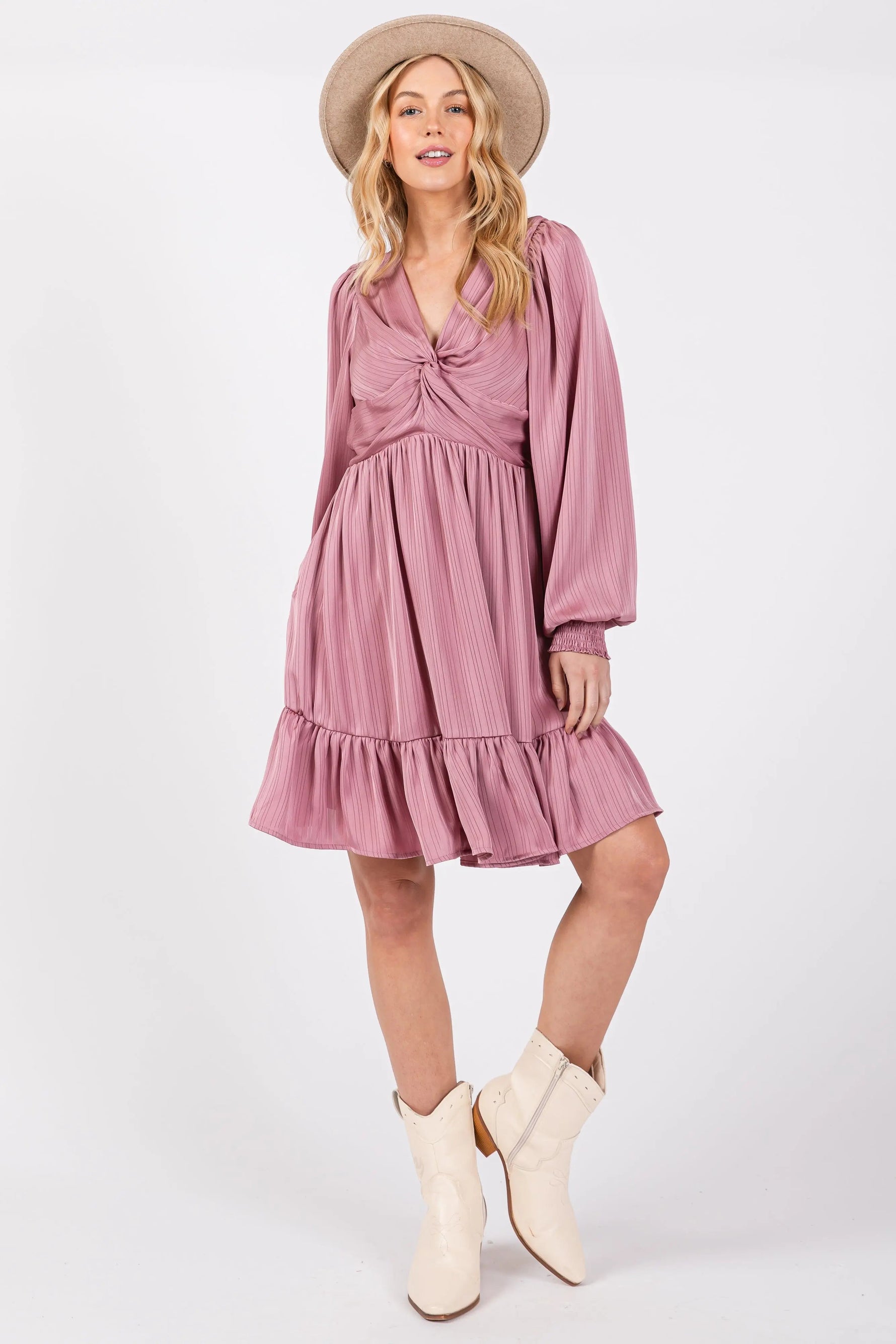 PinkBlush Mauve Striped Satin Twist Front Dress - 