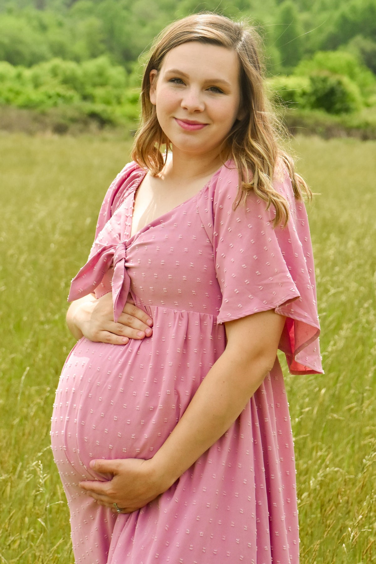 PinkBlush Mauve Textured Dot Front Tie Ruffle Sleeve Maternity Midi DressEveretts Place