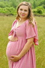 PinkBlush Mauve Textured Dot Front Tie Ruffle Sleeve Maternity Midi DressEveretts Place