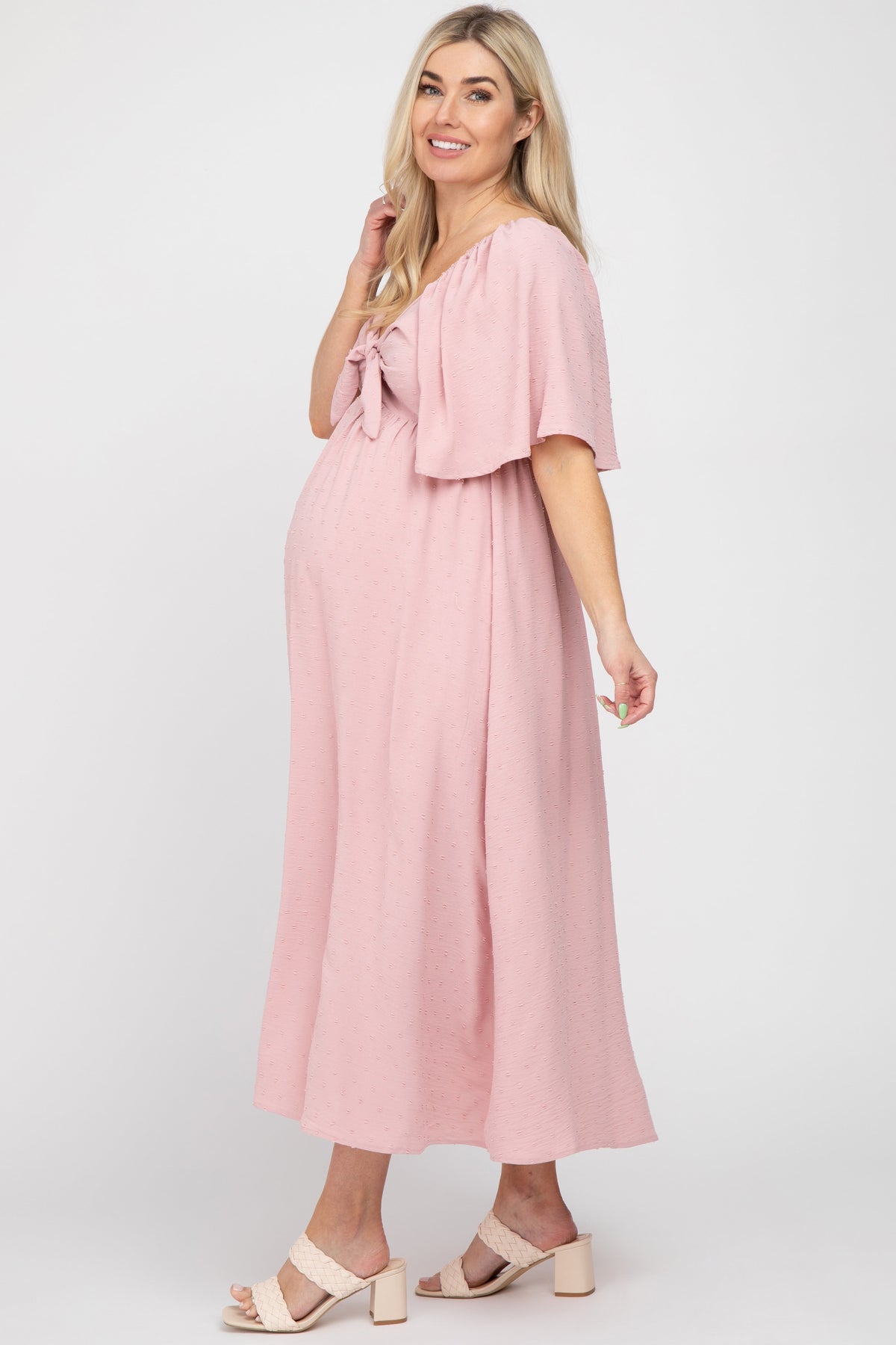 PinkBlush Mauve Textured Dot Front Tie Ruffle Sleeve Maternity Midi DressEveretts Place