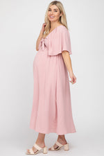 PinkBlush Mauve Textured Dot Front Tie Ruffle Sleeve Maternity Midi DressEveretts Place