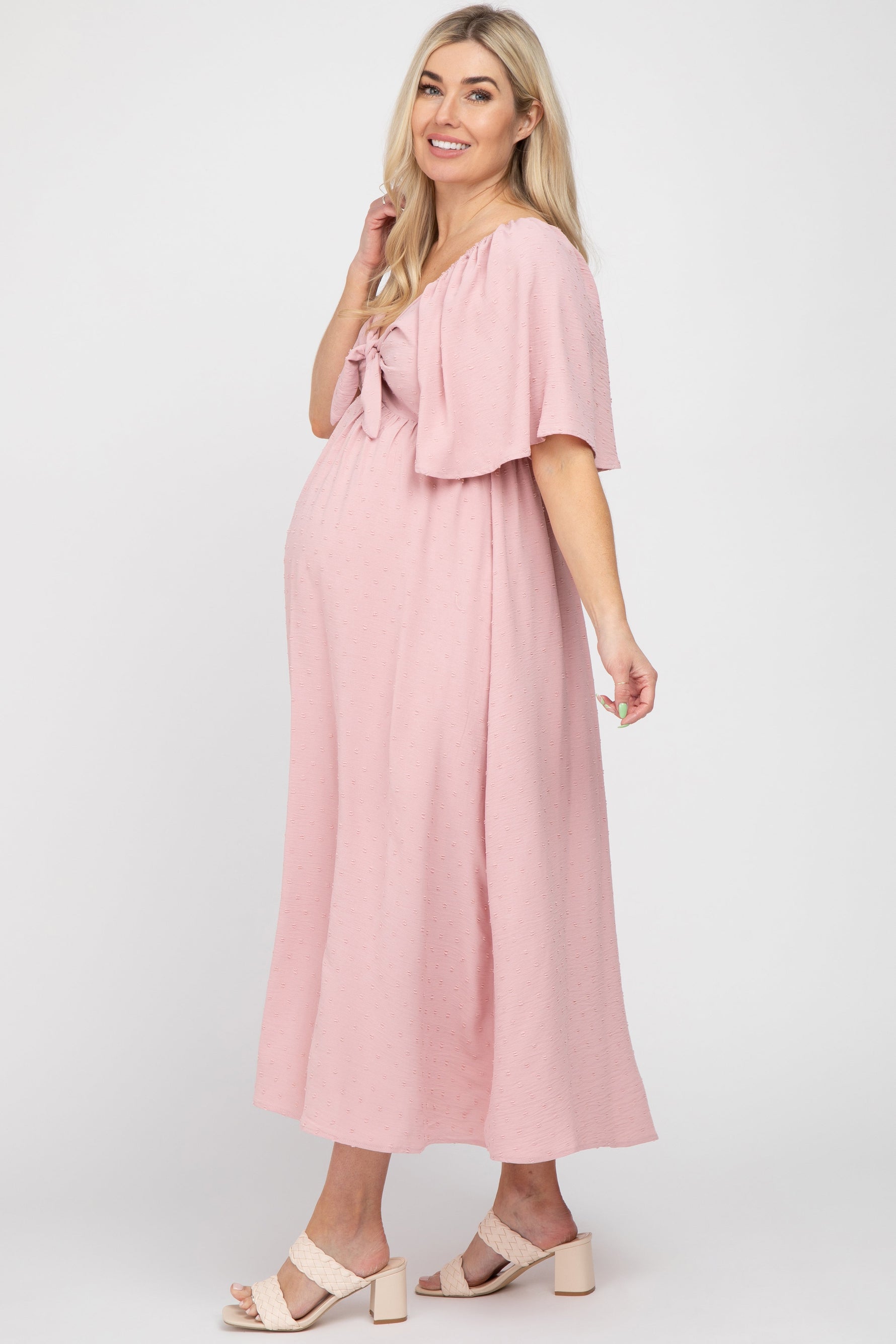 PinkBlush Mauve Textured Dot Front Tie Ruffle Sleeve Maternity Midi DressEveretts Place